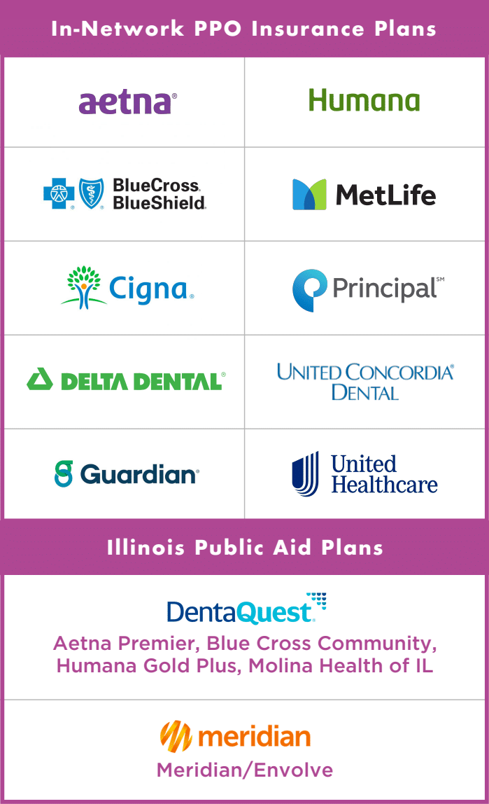 Buffalo Grove Orthodontics in-network PPO insurance plans: Aetna, BlueCross BlueShield, Cigna, Delta Dental, Guardian, Humana, MetLife, Principal, United Concordia Dental, and United Healthcare